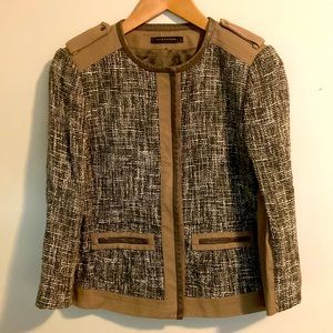 Ellie Tahari Olive green brown leather trim tweed jacket blazer 4